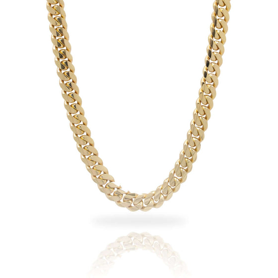 Cuban Link Chain Solid Gold - 7mm Handmade 7mm solid gold Cuban link chain, available in 10k, 14k, and 18k gold (yellow, white, or rose). Choose your clasp: box lock, sleek lock, or diamond lock. Shop now!