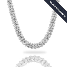  alt=" 10mm Cuban link chain in 925 sterling silver with D VVS moissanite stones. Iced-out brilliance, ethically crafted for modern luxury and bold style. "