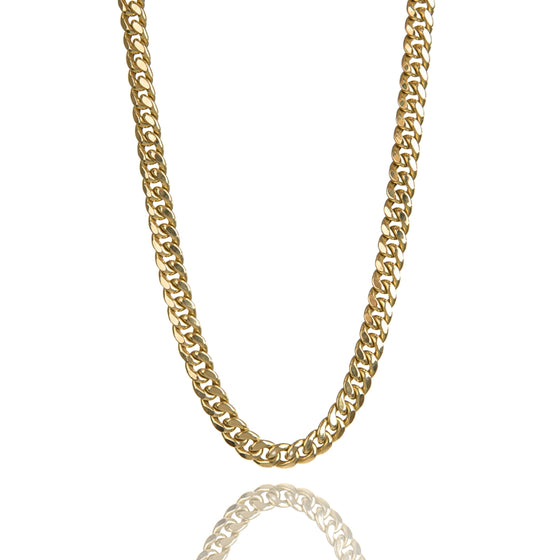 alt=" Shop our hollow gold Cuban link chains (7.5mm-15mm) made with fine Italian gold. Lightweight, affordable, & stylish. 10k & 14k gold options. "