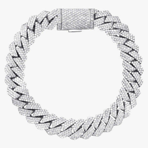 Silver Moissanite Cuban Link Bracelet – 15mm 15mm iced-out Cuban link bracelet in 925 sterling silver with dazzling moissanites. Bold, durable, and polished for timeless luxury and modern elegance.