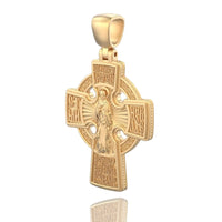 The Sacred Saints Gold Orthodox Cross Pendant showcases a central religious figure and detailed Cyrillic inscriptions, symbolizing spiritual heritage. Displayed against a white background.