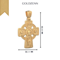 The Sacred Saints Gold Orthodox Cross Pendant measures 53.5 mm by 32.1 mm, features religious icons, and showcases the GOLDZENN brand at the top to emphasize its spiritual heritage.