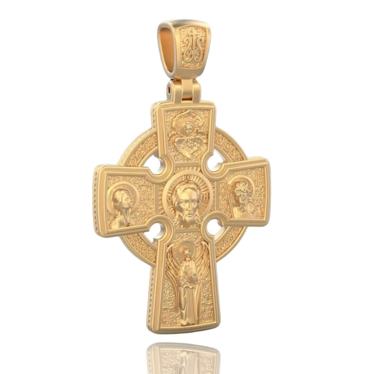 The Sacred Saints Gold Orthodox Cross Pendant features intricate religious engravings of saints and an angel, highlighting spiritual heritage against a plain white background.