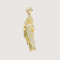 The Saint Jude Pendant in 14K yellow gold features a robed figure with white CZ sparkle, a halo, and chain loop—an elegant men's religious jewelry piece highlighted against a simple background.