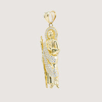 The Saint Jude Pendant in 14K Yellow Gold with White CZ Sparkle is a men’s gold pendant featuring a robed saint holding a staff, accented with white CZ stones—a striking piece of religious jewelry.