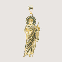 The Saint Jude Pendant in 14K Yellow Gold with White CZ Sparkle is a men’s gold pendant featuring a standing holy figure with halo, detailed robe, and staff—an elegant piece of religious jewelry.