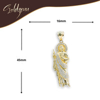 A striking men's pendant, the Saint Jude Pendant in 14K yellow gold with white CZ sparkle measures 45mm x 16mm and features a bail for easy attachment. "Soldzeuu" appears at the top, set against a white background.