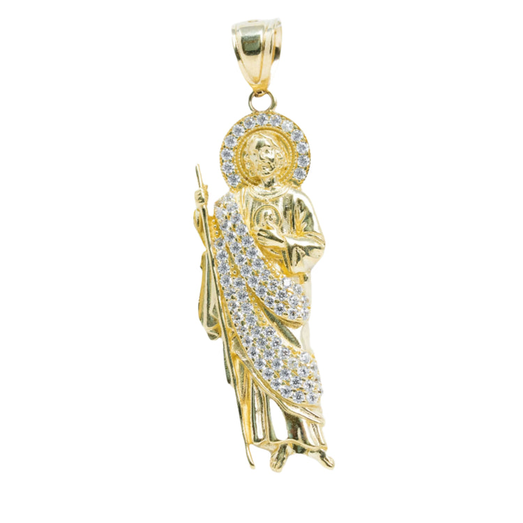 The Saint Jude Pendant in 14K yellow gold with white CZ sparkle features a detailed religious figure accented with sparkling stones on the robe and halo, making this men's gold pendant a striking piece of faith-inspired jewelry.