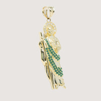 The Saint Jude Pendant in 14K Yellow Gold – Green CZ Brilliance for Men features a saint holding a staff, accented with green and white gemstones on the robe and halo, set against a plain light background.