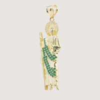 The Saint Jude Pendant in 14K Yellow Gold – Green CZ Brilliance for Men showcases a robed saint with green stones on his robe and a white halo, holding a staff against a plain light background.