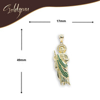 Saint Jude Pendant in 14K Yellow Gold – Green CZ Brilliance for Men, measuring 49mm x 17mm, features a robed saint design with green gemstones. Displayed on a white background with Soldzeuu branding.