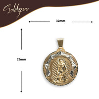 The Saint Lazarus Circular Pendant is a classic men’s 14K solid gold pendant with a raised image of Saint Lazarus, measuring 32mm in height and width, shown on a white background with dimensional arrows and the Soldzeuu logo at the top left.