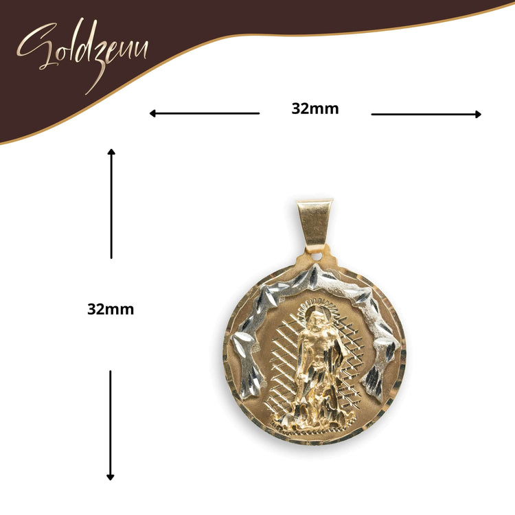 The Saint Lazarus Circular Pendant is a classic men’s 14K solid gold pendant with a raised image of Saint Lazarus, measuring 32mm in height and width, shown on a white background with dimensional arrows and the Soldzeuu logo at the top left.