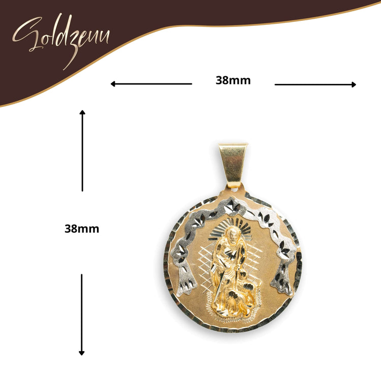 The Saint Lazarus Circular Pendant – 14K Solid Gold Men’s Pendant measures 38mm x 38mm, with an engraved figure and arch. Displayed on white with size arrows and Soldzeuu branding, this gold pendant is both striking and meaningful.