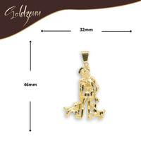 The Saint Lazarus Pendant – 14K Gold Men’s Pendant showcases two human figures and two dogs, measures 46mm x 32mm, and is set against a white background with the Goldzeum logo—perfect for men’s religious jewelry collections.