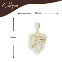 Shark Pendant in 10k Gold with CZ – Men’s Gold Pendant. Shaped like a shield with a detailed fish design, measures 38mm x 31mm, and features the Soldzeuu logo in the top left corner.
