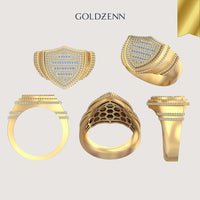 Five angles of the Shield Diamond Ring – 1.13 CT Baguette Design, with a shield-shaped face set with rows of small diamonds and intricate latticework beneath; GOLDZENN branding above—an exquisite men's diamond ring.