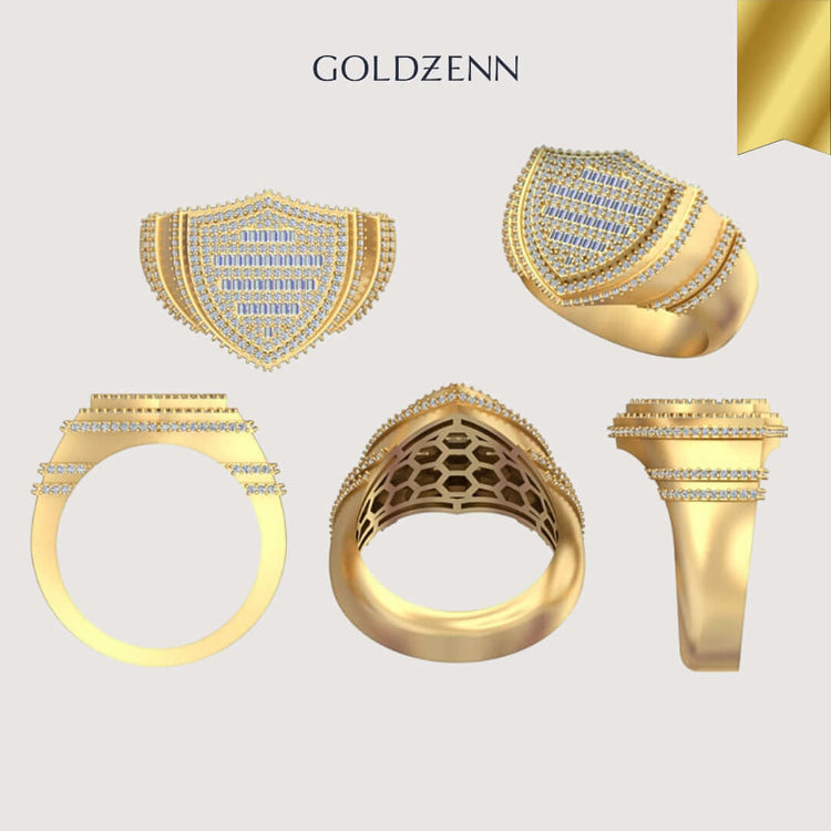 Five angles of the Shield Diamond Ring – 1.13 CT Baguette Design, with a shield-shaped face set with rows of small diamonds and intricate latticework beneath; GOLDZENN branding above—an exquisite men's diamond ring.