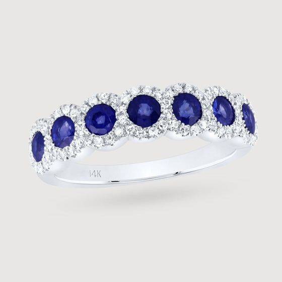 1-1/4CTW Round Blue Sapphire Diamond Anniversary Wedding Engagement Ring Band - 14K White Gold