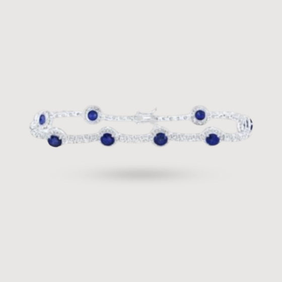 8-3/4CTW Round Blue Sapphire Diamond Fashion Ladies Bracelet- 14K White Gold