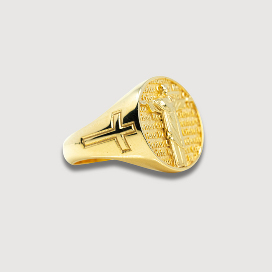 Side Image of Circular Jesus Men's Ring with Cross engraving on either side. Handcrafted from 14k Solid Yellow Gold in Miami. | GOLDZENN 