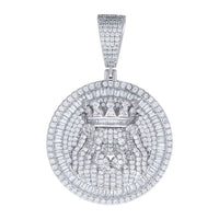 The Silver Round Baguette Moissanite Lion Charm Pendant features a crowned lion's face with baguette stones, detailed layering, and is crafted in sterling silver—a bold GOLDZENN jewelry piece.