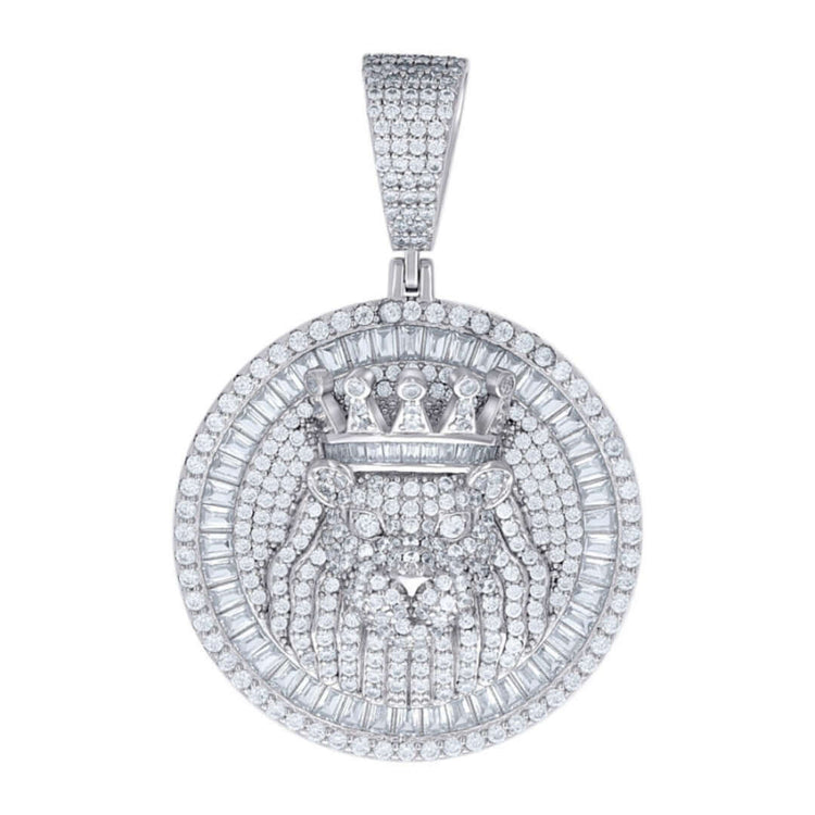 The Silver Round Baguette Moissanite Lion Charm Pendant features a crowned lion's face with baguette stones, detailed layering, and is crafted in sterling silver—a bold GOLDZENN jewelry piece.