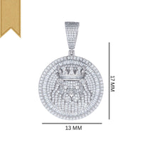 The Silver Round Baguette Moissanite Lion Charm Pendant by GOLDZENN features a diamond-encrusted crowned lion face design, measuring 37 mm high by 13 mm wide, with a gold ribbon visible in the image’s upper left corner.