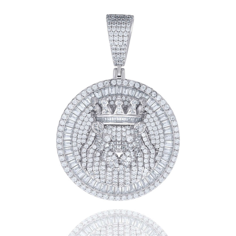 The Silver Round Baguette Moissanite Lion Charm Pendant by GOLDZENN features a sterling silver lion set with sparkling moissanite stones for a bold statement piece.