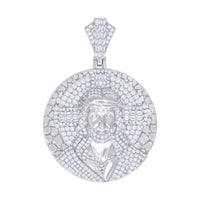 The Silver Round Baguette Moissanite Jesus Charm Pendant features a 925 sterling silver design with a detailed Jesus wearing a crown of thorns, intricate patterns, and sparkling moissanite baguettes for an eye-catching finish.