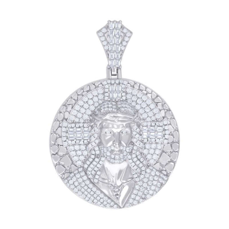 The Silver Round Baguette Moissanite Jesus Charm Pendant features a 925 sterling silver design with a detailed Jesus wearing a crown of thorns, intricate patterns, and sparkling moissanite baguettes for an eye-catching finish.