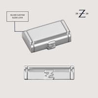 A silver custom lock with a sleek rectangular design is shown from three angles. Ideal for the Silver Cuban Link Bracelet - 20mm, it features a Z logo and "SILVER CUSTOM SLEEK LOCK" label; "2020 with a Z" appears in the corner.