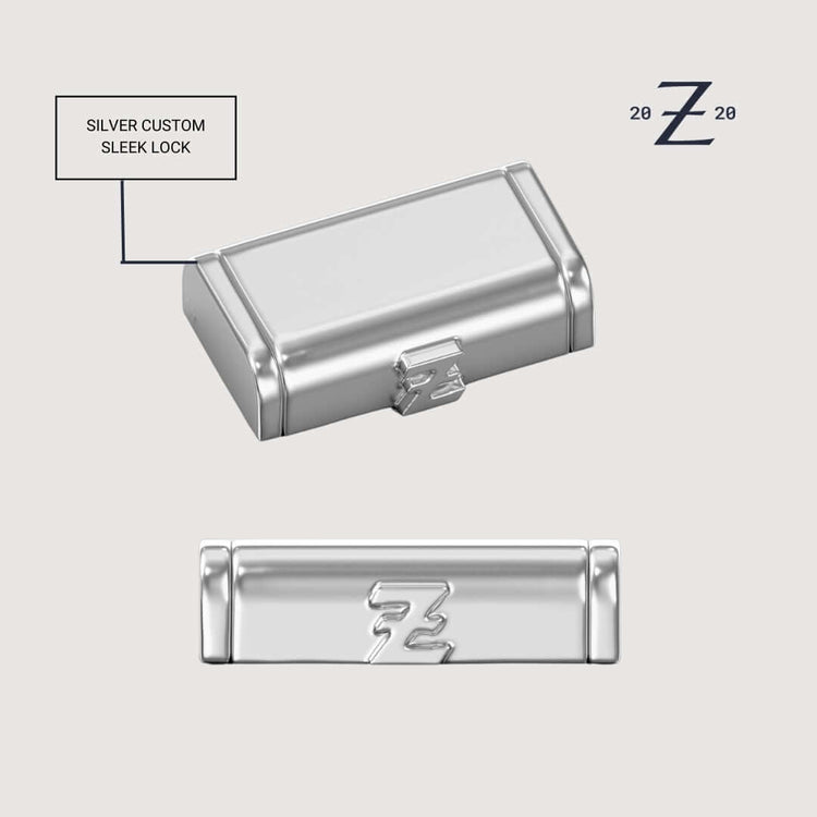 A silver rectangular lock with a sleek, custom design is shown from three angles. Labeled SILVER CUSTOM SLEEK LOCK, it features a stylized Z logo and 2020—ideal for pairing with the 20mm Handmade Miami Cuban Link Bracelet - 950 Silver.