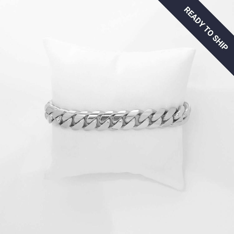 The Handmade Miami Cuban Link Bracelet - 950 Silver is shown on a white cushion, featuring a dark diagonal "READY TO SHIP" banner in the top right corner.