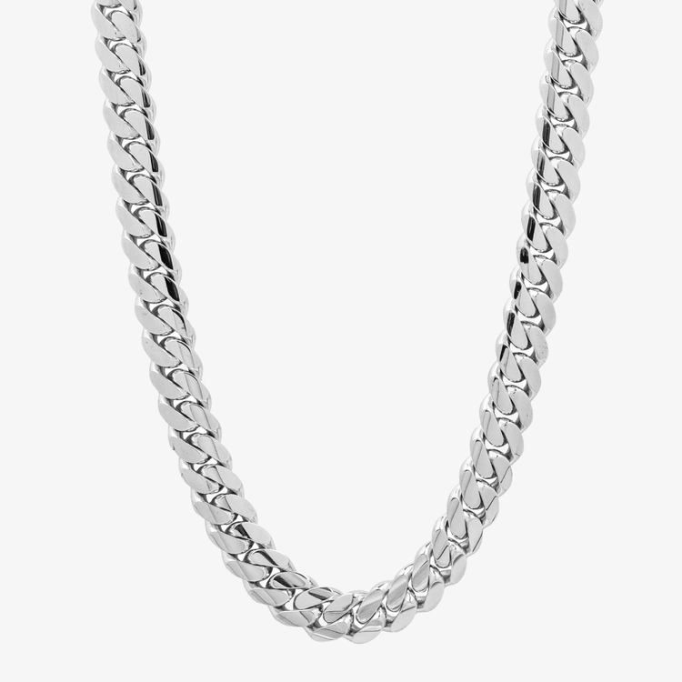 A close-up of the 14mm Handmade Miami Cuban Link Chain in 950 Silver against a plain white background, showcasing its tightly interlocking links for a sleek, shiny, and bold look.