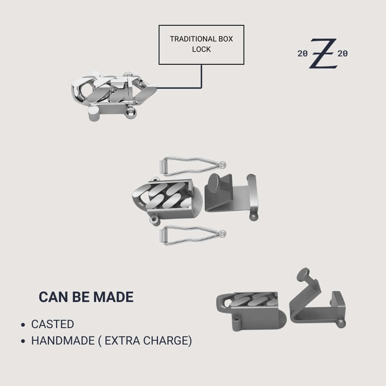 Diagram showing a traditional box lock in metallic parts with assembly views. Indicates it can be cast or handmade (extra charge) in 950 silver for the 8mm Handmade Miami Cuban Link Chain. Features 2020 Z logo in the corner.