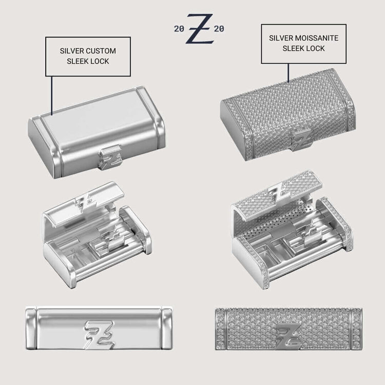 Two jewelry box locks are shown: the left has a sleek, plain 950 silver finish inspired by the 8mm Handmade Miami Cuban Link Chain, while the right is a moissanite-encrusted lock. Both feature an engraved letter Z on the front.
