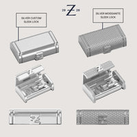 Two silver rectangular locks for the Silver Cuban Link Bracelet - 18mm are shown: one plain and smooth, the other with sparkling moissanite stones. Both feature a Z logo and are displayed closed, open, and front-facing for detail.