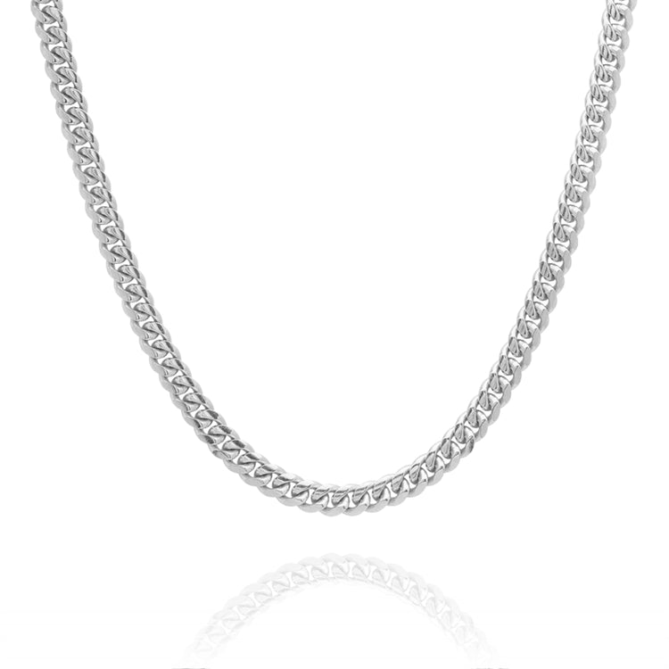 A close-up of the Silver Cuban Link Chain - 5mm, made from 925 Sterling Silver with thick, tightly interlocked links and a brilliant rhodium plated finish, shown on a white background with a subtle reflection.