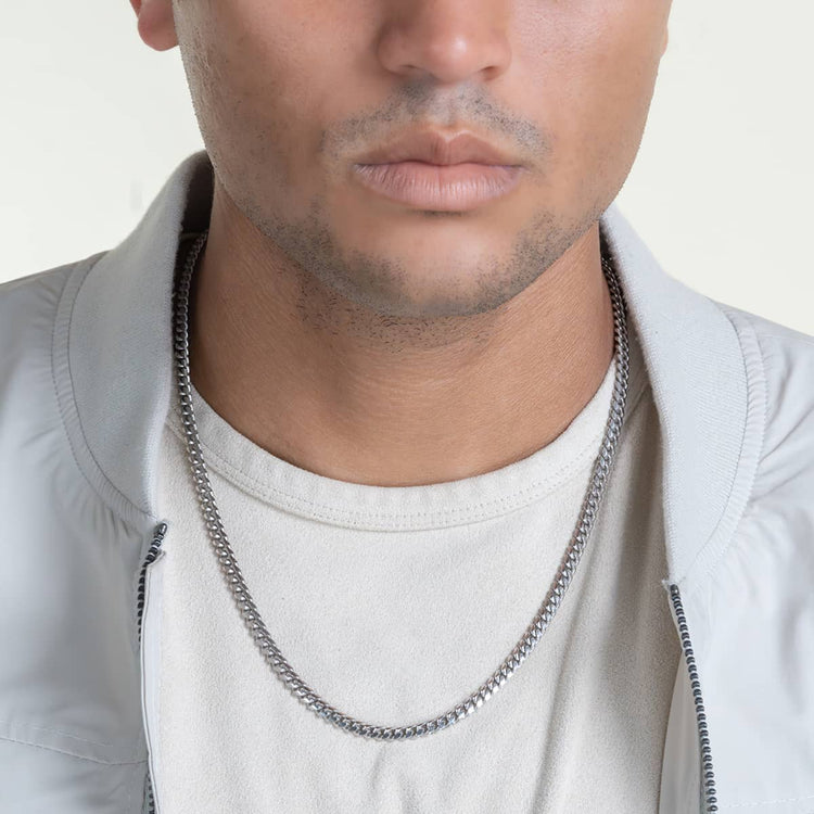 A person wears a white shirt, light jacket, and the Silver Cuban Link Chain - 5mm. The image is cropped to display just the lower face, neck, and upper chest.