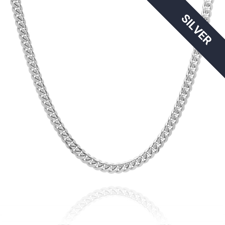 The Silver Cuban Link Chain - 5mm, made from 925 Sterling Silver, is shown on a white background with a dark diagonal SILVER banner in the top right corner.