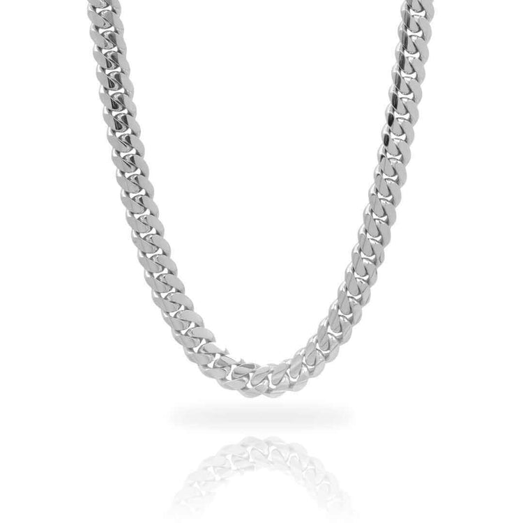 A close-up of the 8mm Handmade Miami Cuban Link Chain, crafted from 950 silver with thick interlocking links, displayed on a white background with its reflection below.