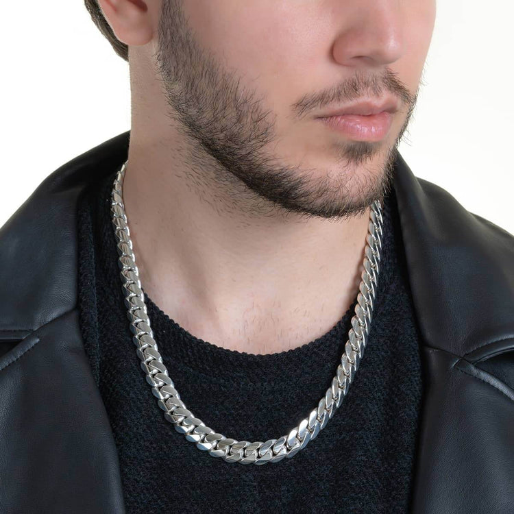 A man in a black shirt and leather jacket displays the Handmade Miami Cuban Link Chain - 950 Silver, Ready to Ship. The photo is cropped to reveal only his lower face, neck, and chest.