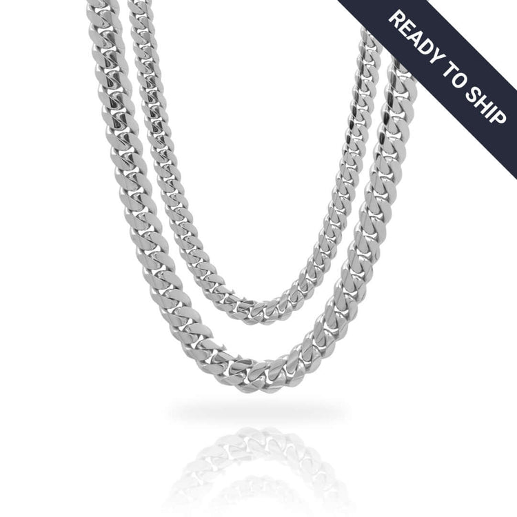 Two Handmade Miami Cuban Link Chains in 950 silver are shown on a white background, with a diagonal black "READY TO SHIP" banner in the top right corner.
