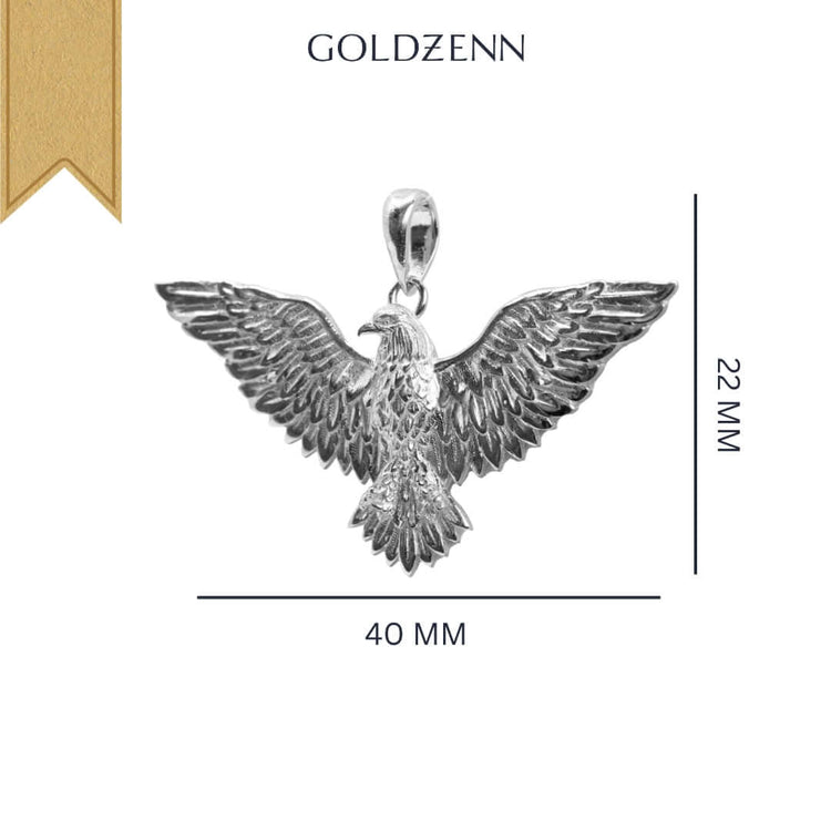 The Silver Eagle Pendant features outstretched wings, measures 40mm wide by 22mm high, and is showcased against a white background with GOLDZENN text—a bold statement piece for any jewelry collection.