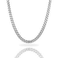 A close-up of the Franco Chain - 1.8mm-6.5mm Solid White Gold necklace, showcased on a white background with its reflection below.