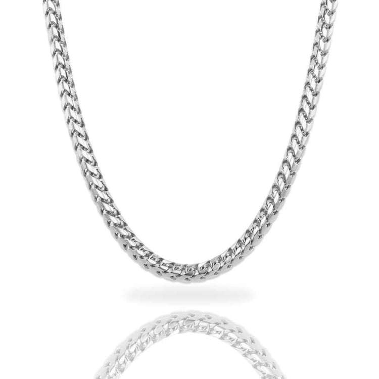 A close-up of the Franco Chain - 1.8mm-6.5mm Solid White Gold necklace, showcased on a white background with its reflection below.