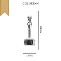 The Silver Hammer Pendant, sized 28mm by 13mm, is shown on a white background with GOLDZENN text above and a brown ribbon in the corner—a finely crafted jewelry piece.