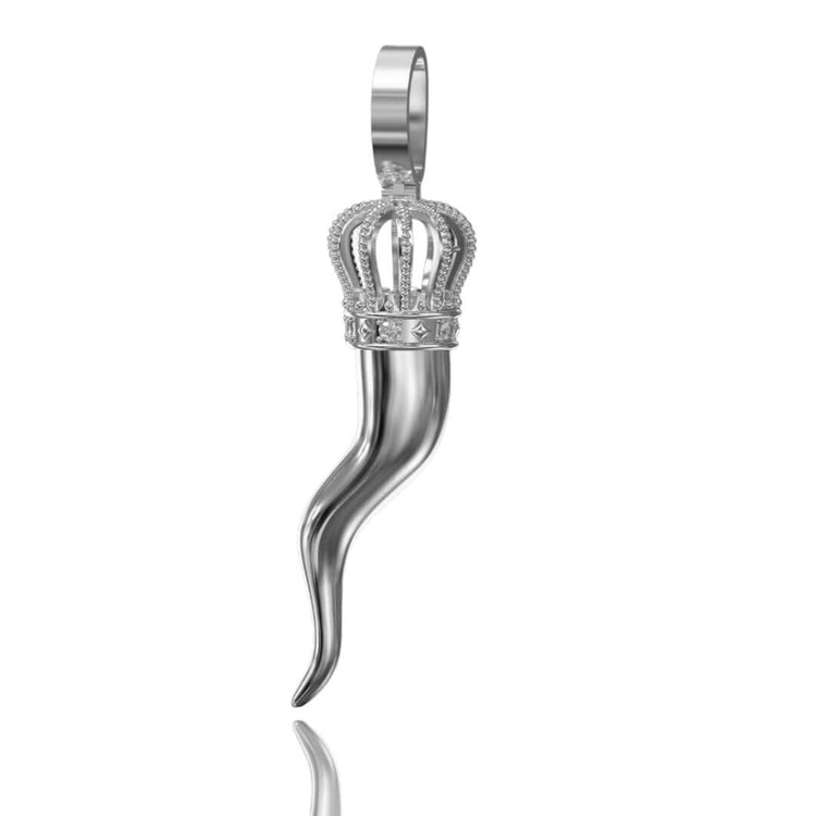 The Silver Italian Horn Pendant features a curved horn with a crown on top and fine decorative details—an eye-catching cornicello necklace perfect for any jewelry lover.