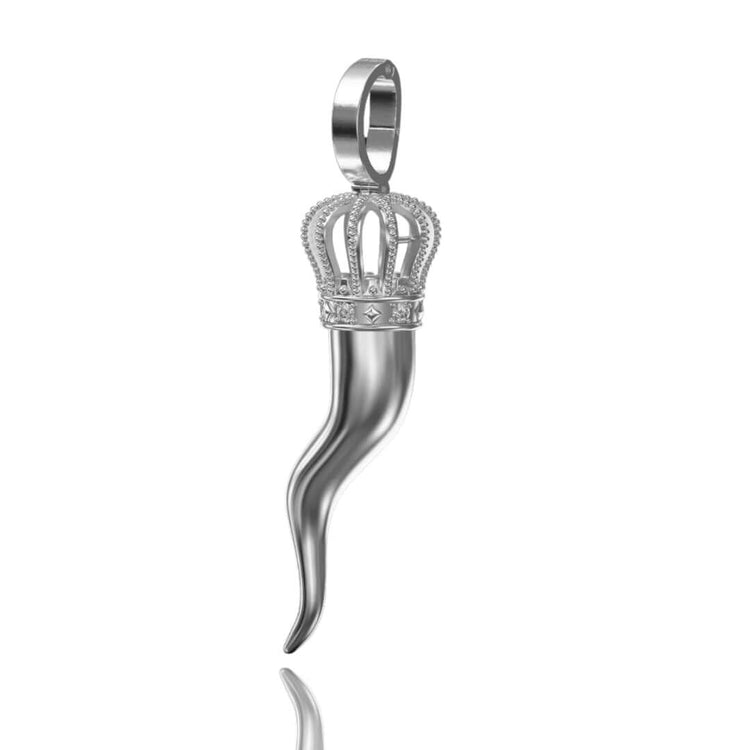 The Silver Italian Horn Pendant features a curved horn with an ornate jeweled crown, its shiny metal finish and moissanite details standing out against a plain white background.